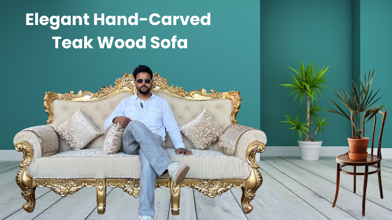 Elegant Hand-Carved Teak Wood Sofa