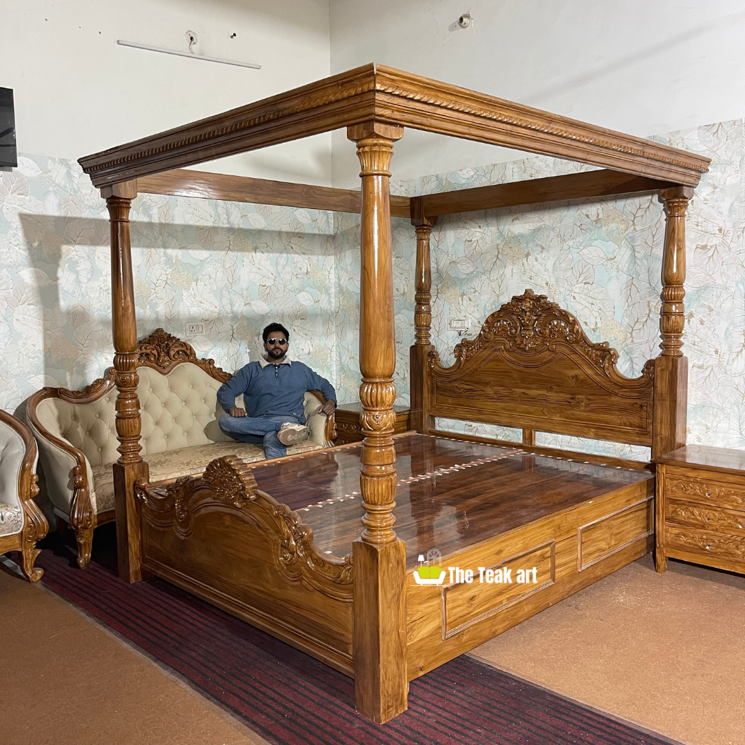 Solid Teak Wood Carved Poster Bed - Image 6