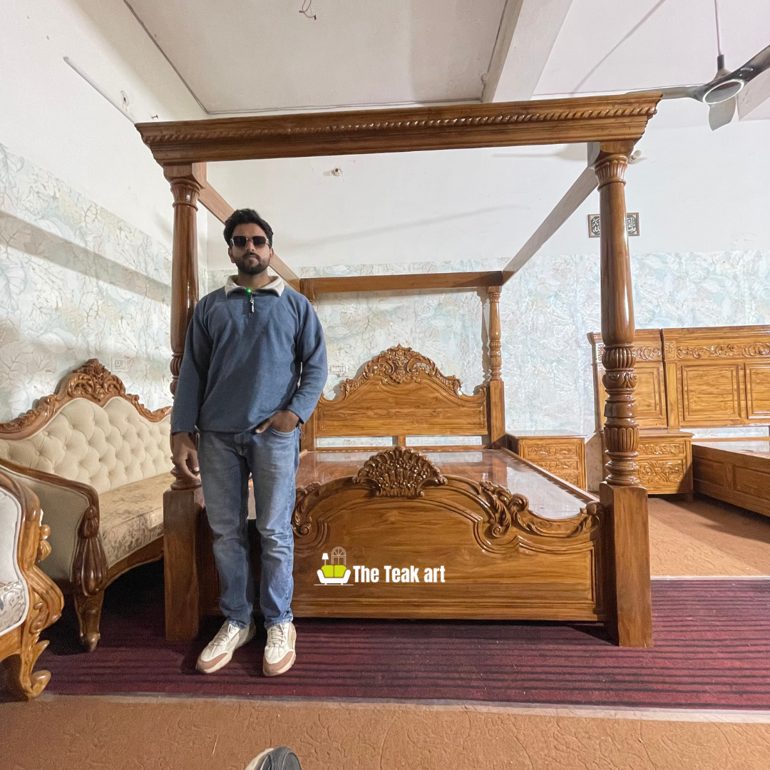 Solid Teak Wood Carved Poster Bed - Image 5