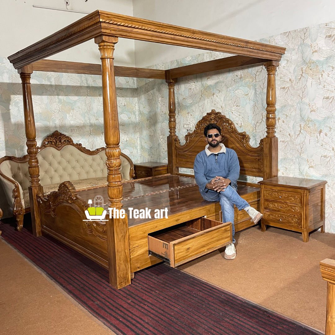 Solid Teak Wood Carved Poster Bed