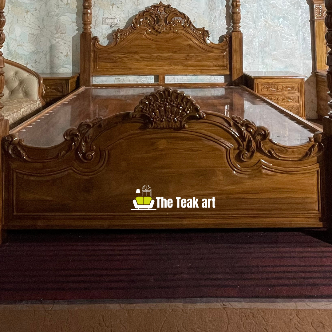 Solid Teak Wood Carved Poster Bed - Image 3