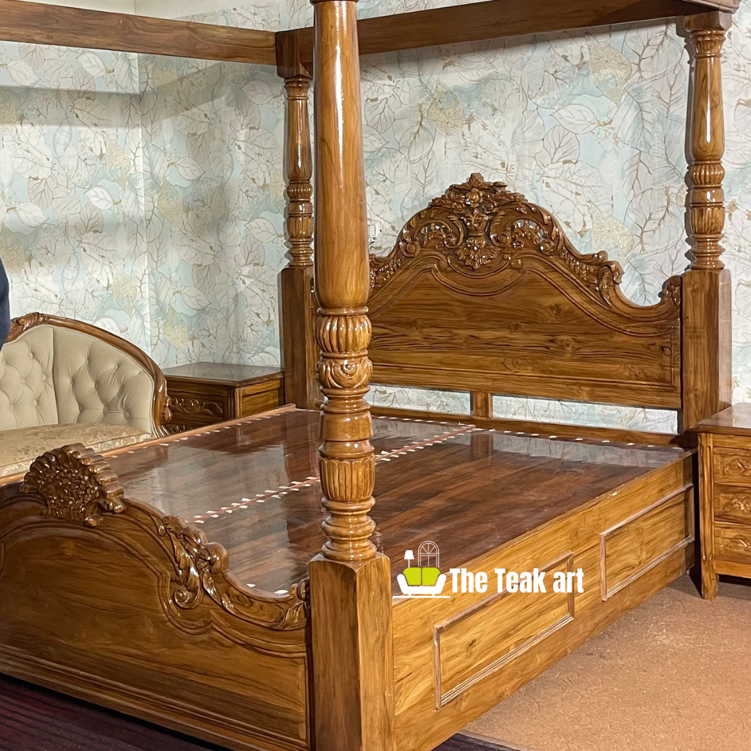 Solid Teak Wood Carved Poster Bed - Image 4